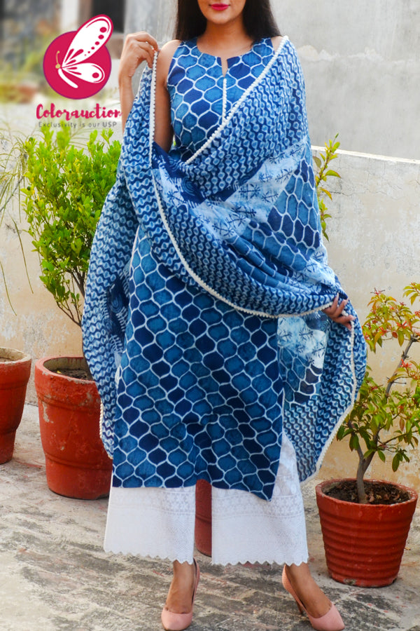 Indigo Blue Cambric Cotton Kurti with White Cotton Full Lining Chikankari Palazzo and Indigo Blue Pure Cotton Dupatta Kurti Set