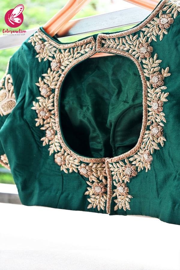 Emerald Green Padded Pure Silk Dabka Zardosi Blouse