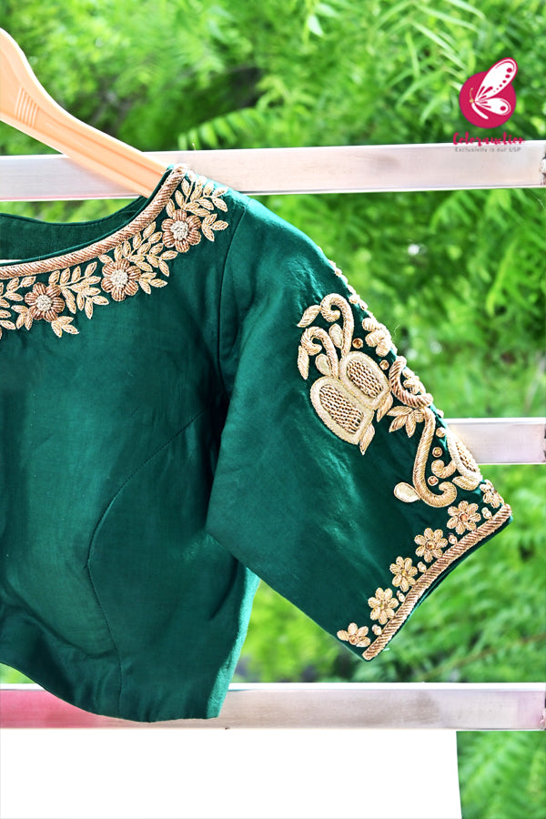 Emerald Green Padded Pure Silk Dabka Zardosi Blouse