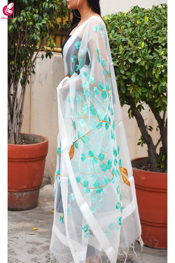 White Organza Green Floral Hand painted Stole