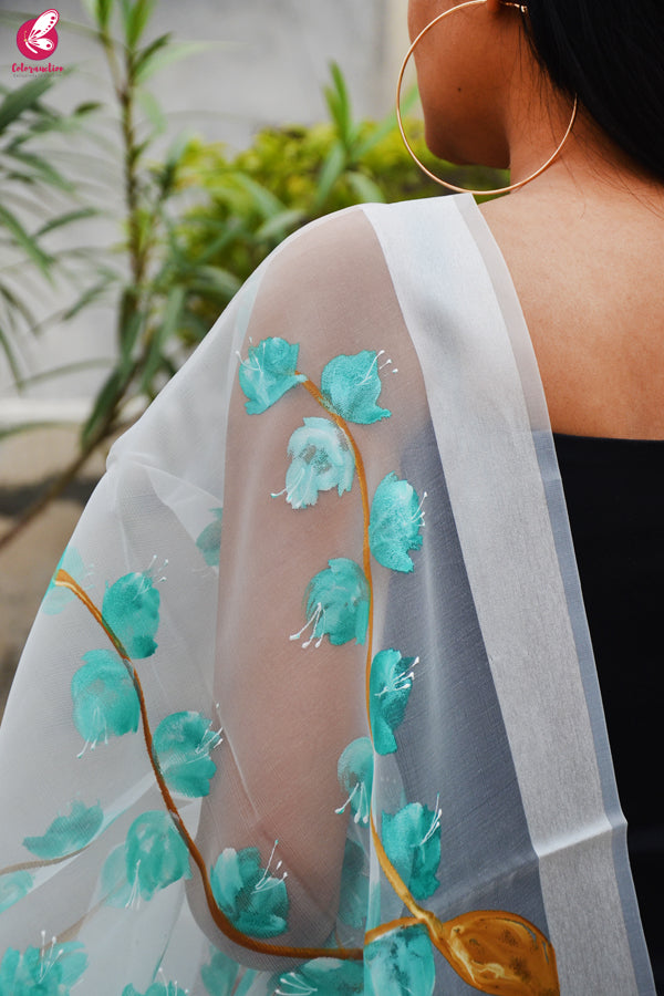 White Organza Green Floral Hand painted Stole
