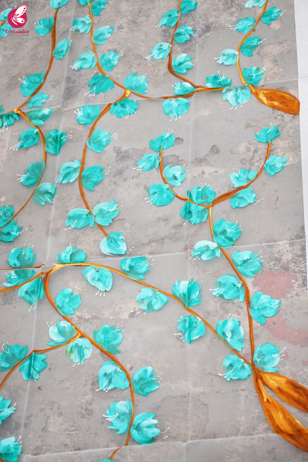 White Organza Green Floral Hand painted Stole
