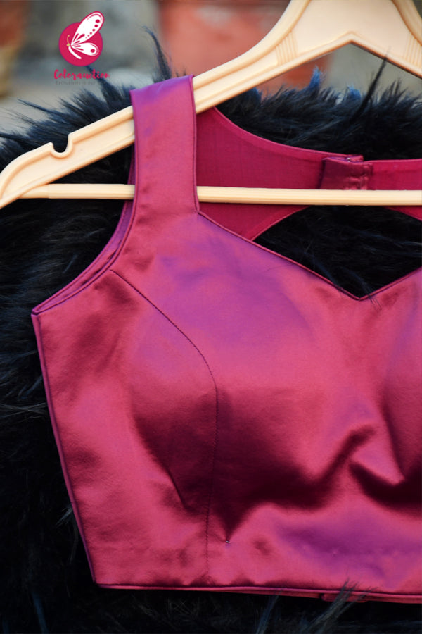 Wine Pure Satin Keyhole Back Padded Blouse