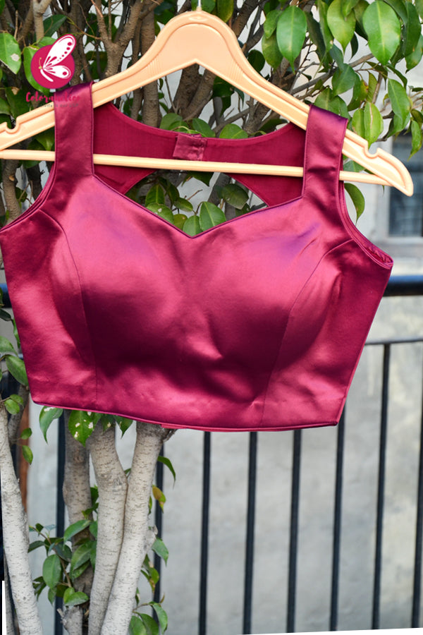 Wine Pure Satin Keyhole Back Padded Blouse
