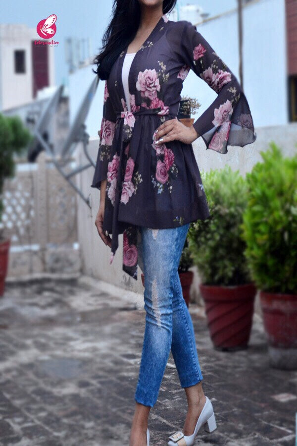 Dark Grey Printed Floral Shrug