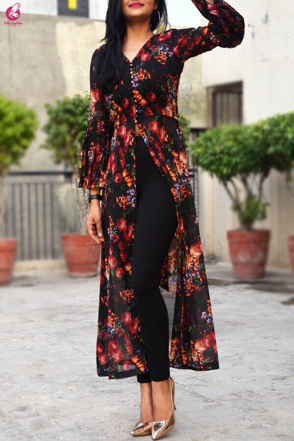 Black Printed Georgette Long Kurti