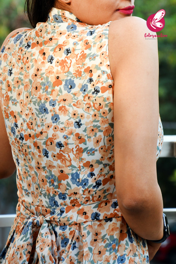 White &amp; Orange Printed A-Line Summer Cool Sleeveless Kurti