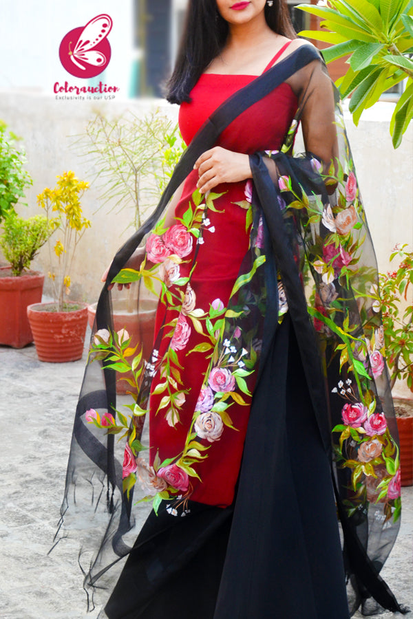 Black Organza Multicoloured Floral Hand painted Stole