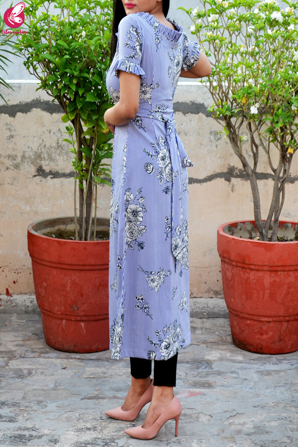 Blue Crepe Stripes Front Slit Kurti