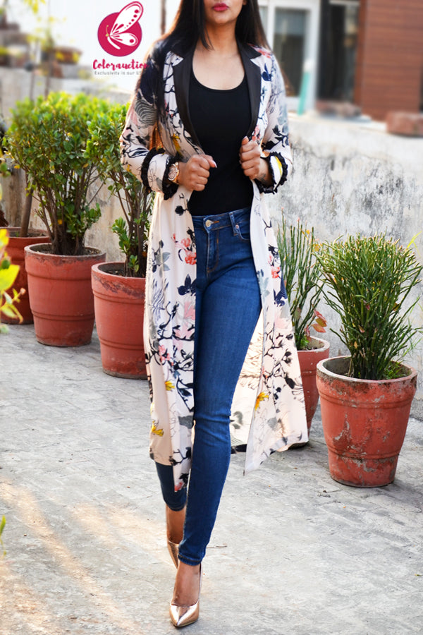 Multicoloured Printed Crepe Black Satin Collar Open Front Long Shrug