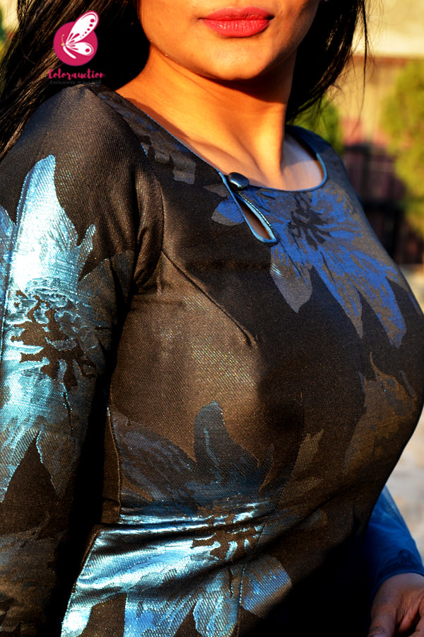 Black & Blue Silk Brocade Keyhole Neckline Quater Sleeves Padded Kurti with Black Pintucks Shantoon Pants and Blue Net Black Lace Stole