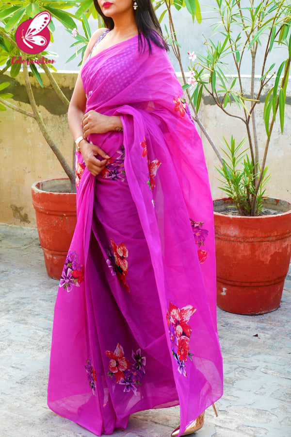 Fushia Pink Organdy Applique Floral Saree