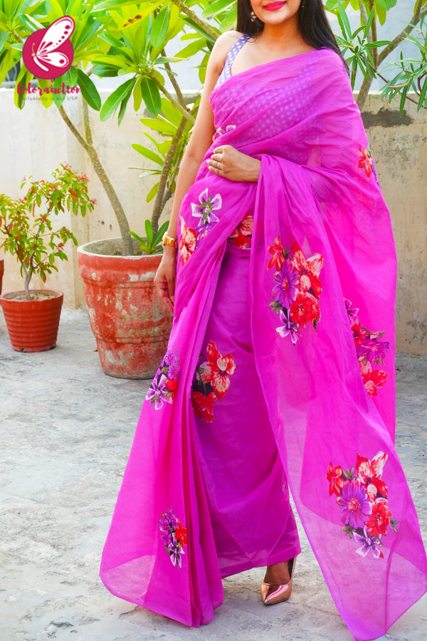 Fushia Pink Organdy Applique Floral Saree