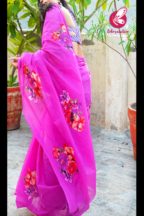 Fushia Pink Organdy Applique Floral Saree