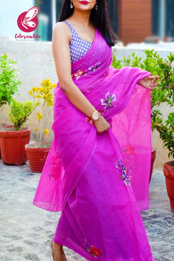 Fushia Pink Organdy Applique Floral Saree