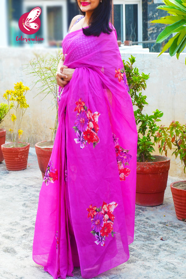 Fushia Pink Organdy Applique Floral Saree