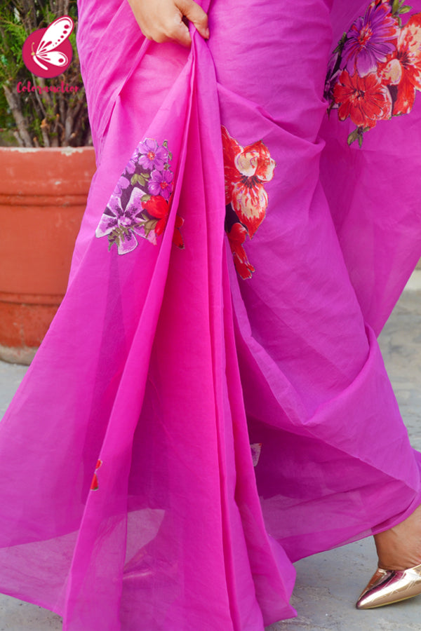 Fushia Pink Organdy Applique Floral Saree
