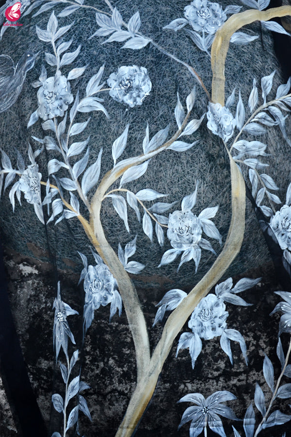 Black Organza Floral Handpainted Stole
