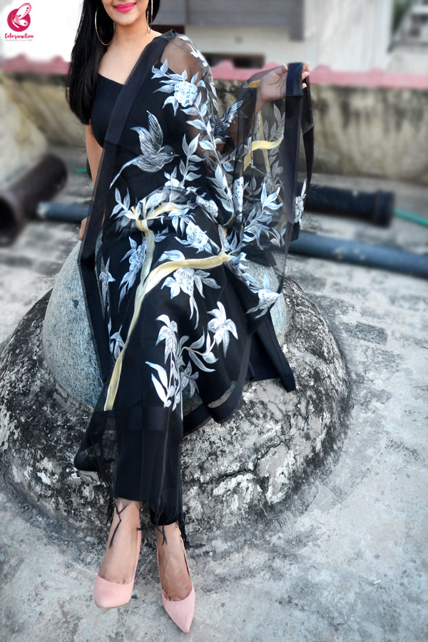 Black Organza Floral Handpainted Stole