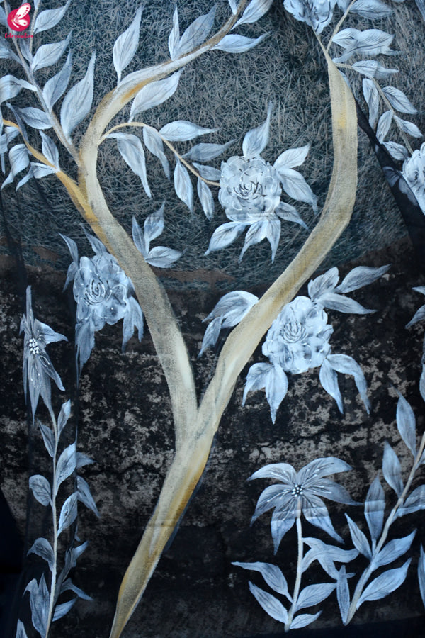 Black Organza Floral Handpainted Stole