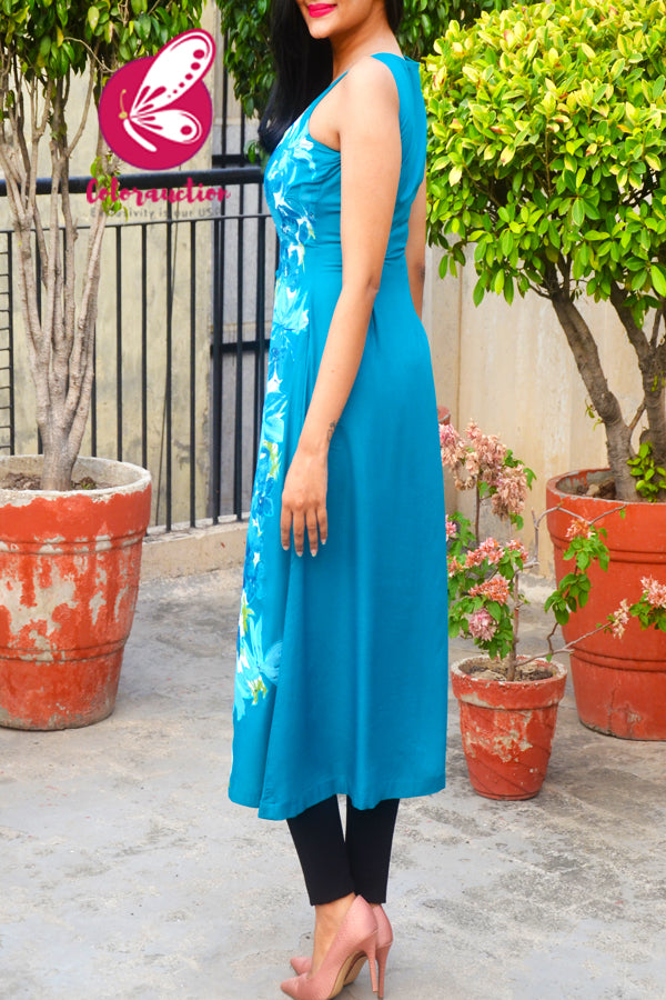 Sky Blue Modal Rayon Sleeveless Patch Work Kurti