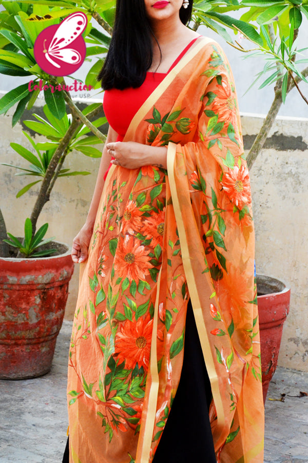 Orange Pure Organza Sunflower Hand painted Stole