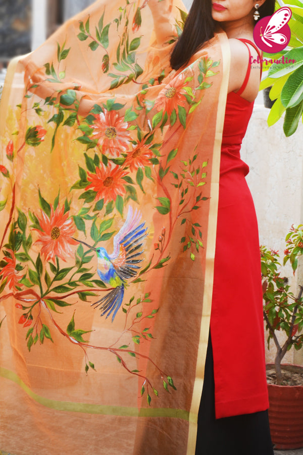 Orange Pure Organza Sunflower Hand painted Stole