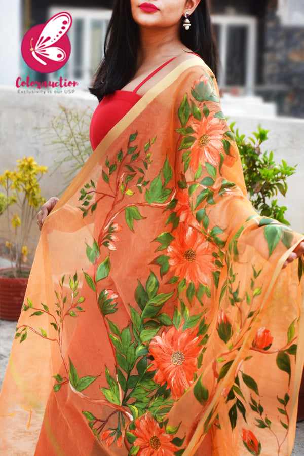 Orange Pure Organza Sunflower Hand painted Stole