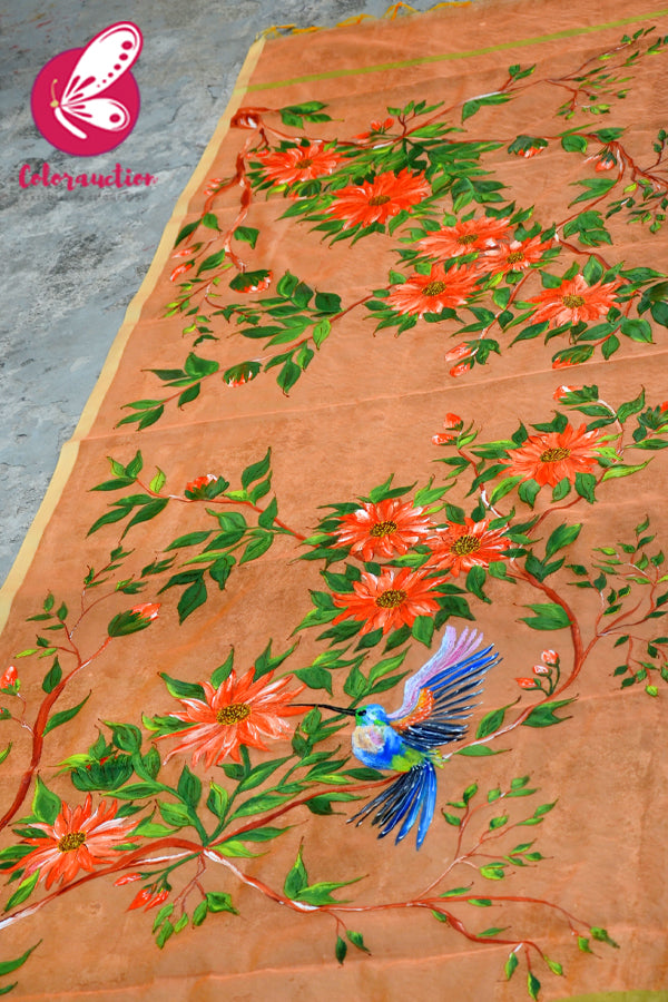 Orange Pure Organza Sunflower Hand painted Stole