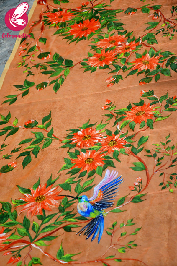 Orange Pure Organza Sunflower Hand painted Stole