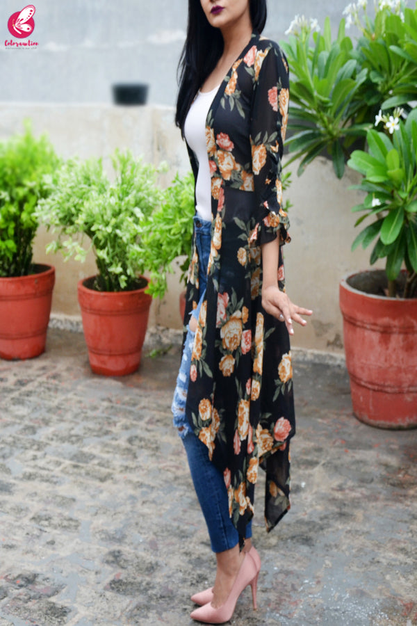 Black Printed Georgette Long Shrug