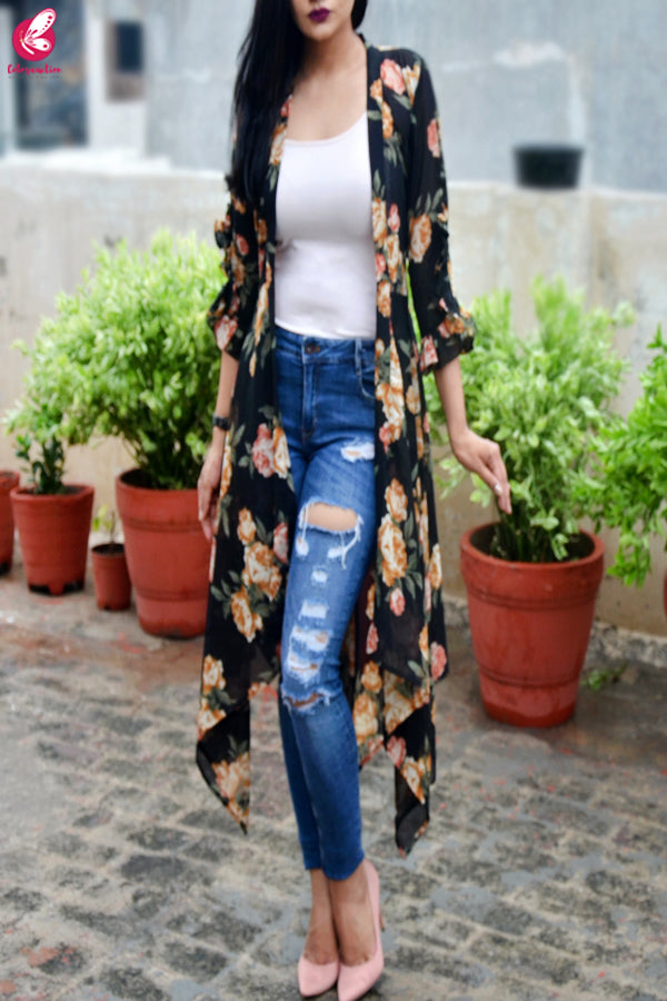 Black Printed Georgette Long Shrug