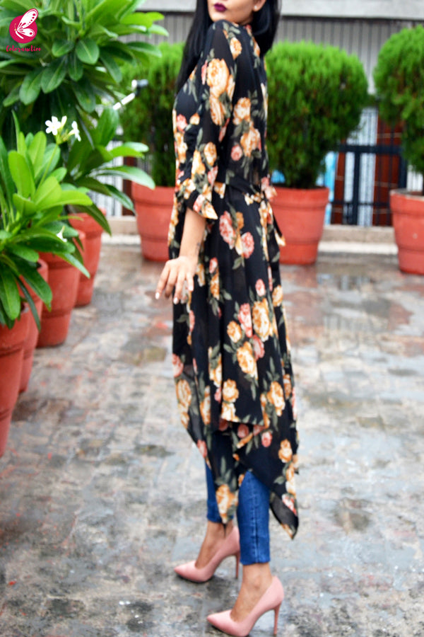 Black Printed Georgette Long Shrug