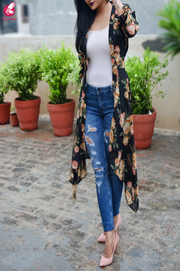Black Printed Georgette Long Shrug