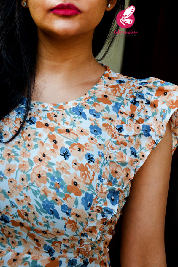 White &amp; Orange Floral Print Sleeveless Summer Cool Straight Fit Kurti