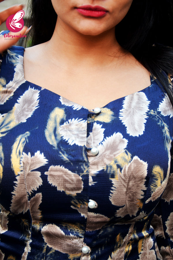 Blue Printed Premium Satin Full Sleeves Front Slit Kurti with Mauve Pink Stretchable Pants