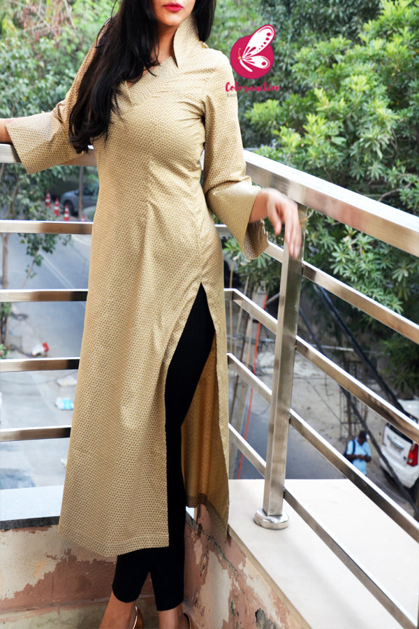 Beige Quarter Sleeves Honeycomb Print Collar Neckline Straight Fit Kurti