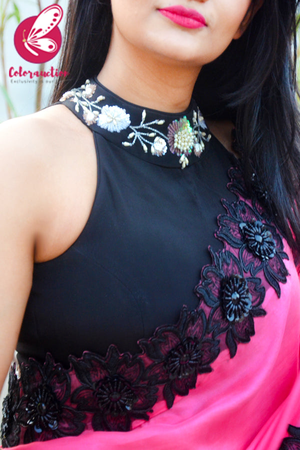 Hot Pink Pure Crepe Floral Applique Saree