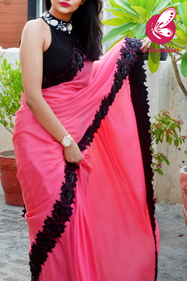 Hot Pink Pure Crepe Floral Applique Saree