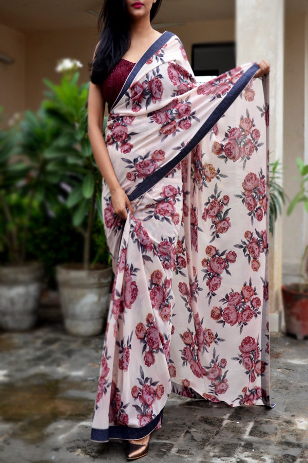 Off White Printed Georgette Saree