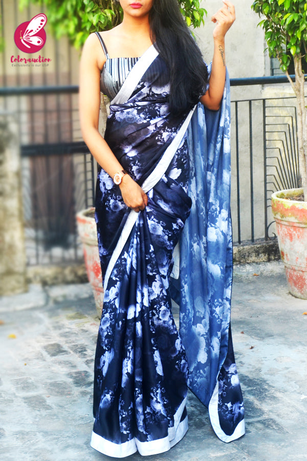 Black Printed Floral Satin Black Dupion Taping Saree
