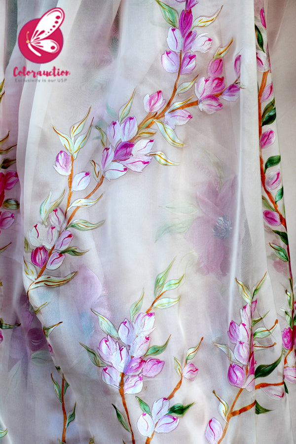 Baby Pink Hand-painted Pure Silk Chiffon Saree