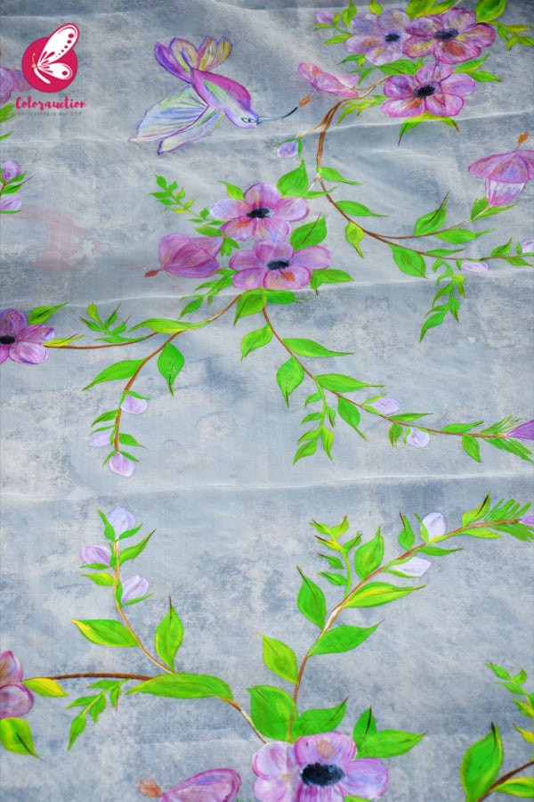 Off White Multicoloured Bird Floral Pure Organza Stole
