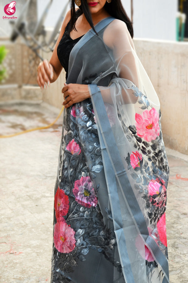 Grey Organza Hand painted Floral Stole