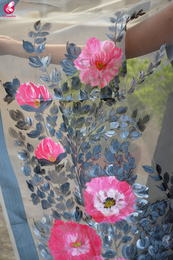 Grey Organza Hand painted Floral Stole