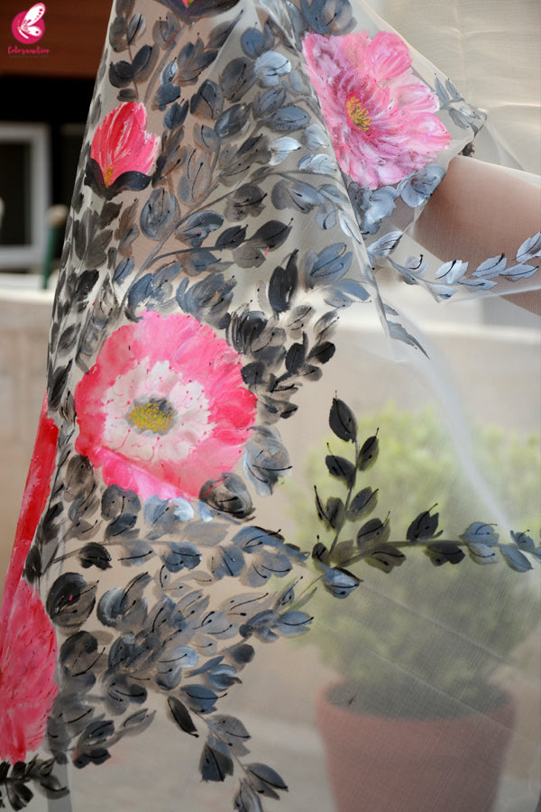 Grey Organza Hand painted Floral Stole