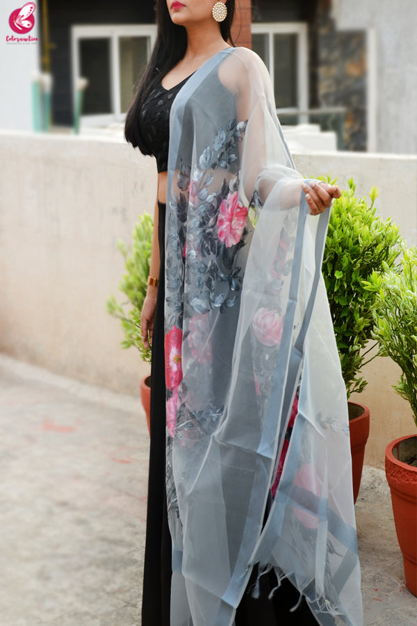 Grey Organza Hand painted Floral Stole