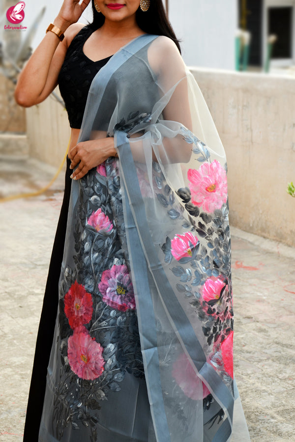 Grey Organza Hand painted Floral Stole
