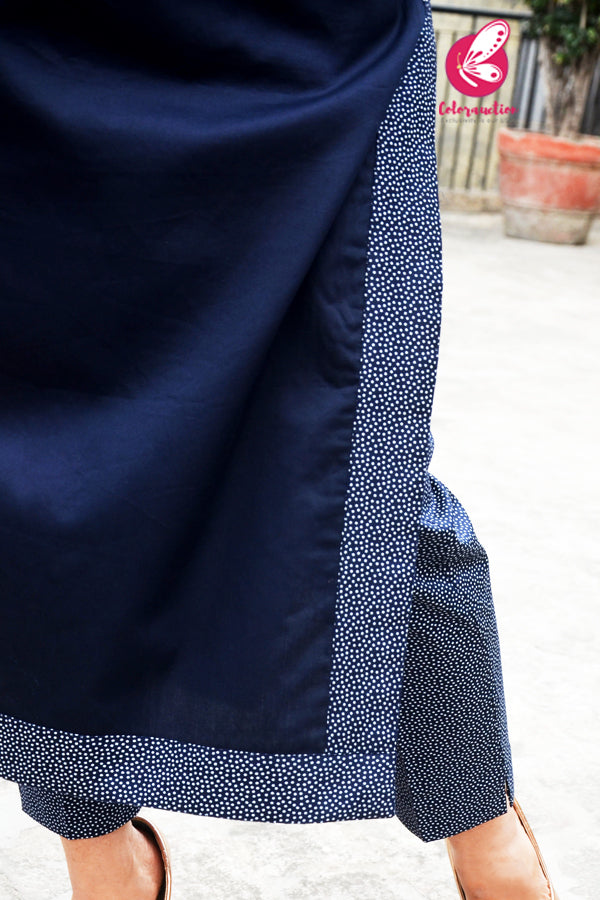 Navy Blue Short Sleeves Cotton Silk Kurti with Printed Navy Blue Cotton Silk Pants Kurti Set