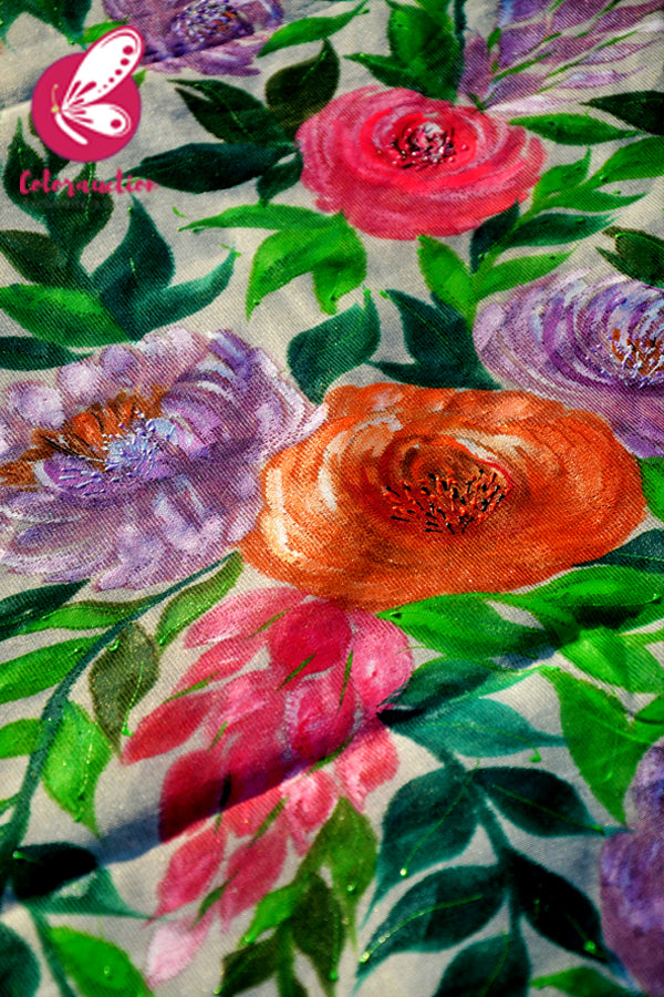 White Organza Hand painted Multicoloured Floral Stole